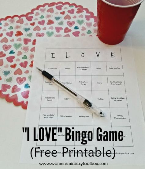 I LOVE Bingo Game (Free Printable) - Great icebreaker game for your Valentine's fellowship, women's ministry meeting, or Bible study! #valentineicebreaker Valentine Day Games, Valentines Sleepover, Valentines Games For Couples, Icebreaker Ideas, Fellowship Ideas, Church Valentines, Love Bingo, Games For Ladies, Icebreaker Games