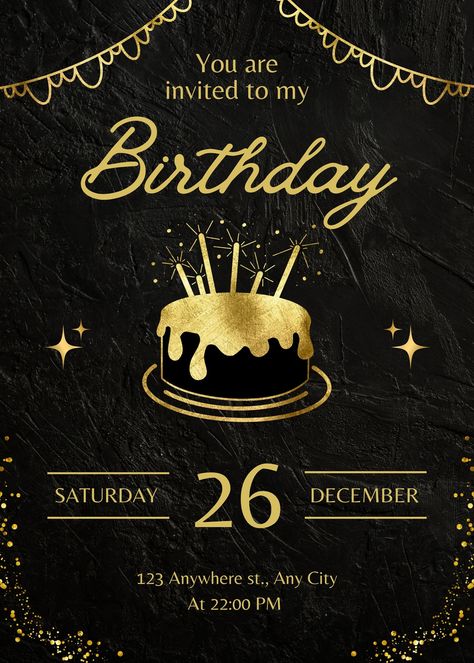 Black and Gold Elegant Birthday Party Invitation - Templates by Canva Gold Invitations Birthday, Black And Gold Party Invitations, Black And Gold Invitations Template, Black And Gold Birthday Invitations, Black And Gold Invitations Template Free, Black Gold Invitation Template, Black And Gold Theme Invitation, Black And Gold Birthday Invite Template, Black And Gold Invitations