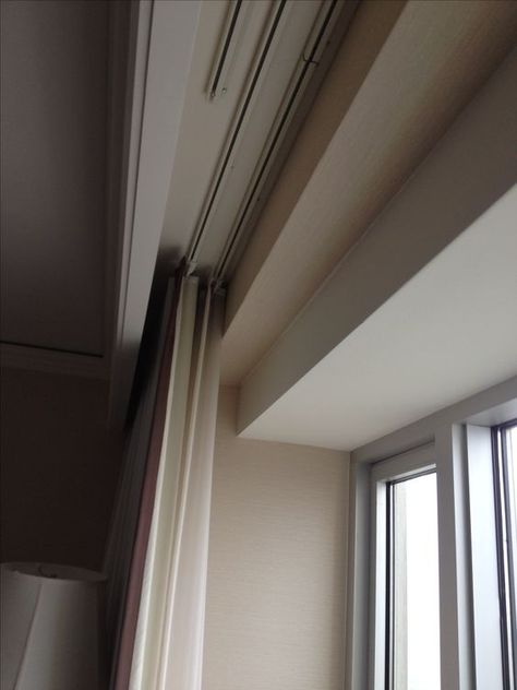 Curtain with wood hiding track (media room) | For the Home ... Curtain Detail, Curtain Pelmet, Ceiling Curtain Track, False Ceiling Living Room, Ceiling Curtains, Plain Curtains, Ceiling Design Living Room, Plafond Design, Curtain Rails