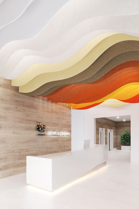 SKINNY BAFL - Open Office Acoustical Solutions Ceiling Office Design Modern, Curved Wall To Ceiling, Wave Interior Design, Organic Office Design, Open Space Interior Design, Open Ceiling Design, Acoustic Interior, Office Acoustics, Abstract Interior Design