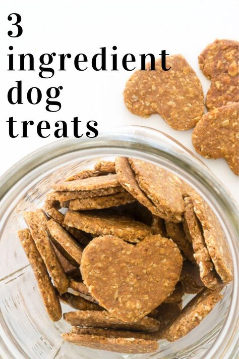 These 3-Ingredient Dog Treats are easy to make with ingredients you most likely have in your kitchen. The ingredients are easily substituted and suggestions for substitutions are included. 3 Ingredient Dog Treats, Dog Cookie Recipes, Pet Treats Recipes, Dog Treats Homemade Easy, Easy Dog Treat Recipes, Dog Biscuit Recipes, Easy Dog Treats, Healthy Dog Treats Homemade, Peanut Butter Dog Treats