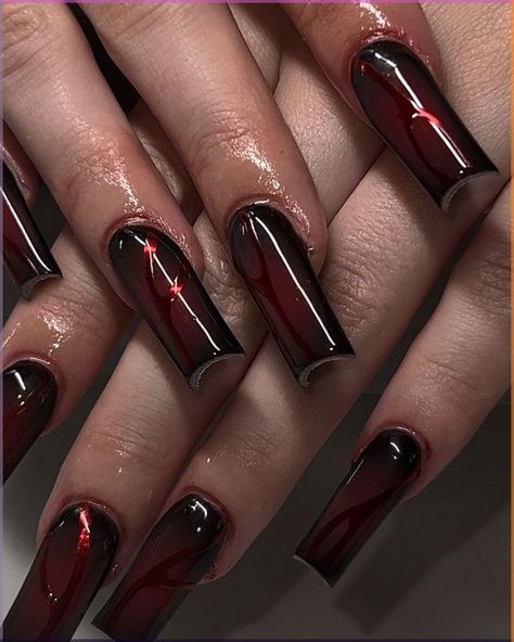 black and red nails ideas Long Nails Black And Red, Red Vampy Nails, Black Nails With Red Chrome, Red And Black Chrome Nails, Dark Red Acrylic Nails Coffin, Black And Red Goth Nails, Red And Black Nails Design Classy, Medium Long Nails Ideas, Nail Art Black And Red