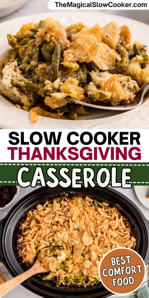 images of layered thanksgiving casserole in a slow cooker. Crockpot Cheesy Corn, Crepe Board, Crock Pot Corn Casserole, Thanksgiving Corn Casserole, American Fries, Jiffy Corn Pudding, Thanksgiving Crockpot, Corn Casserole Crockpot, Slow Cooker Thanksgiving