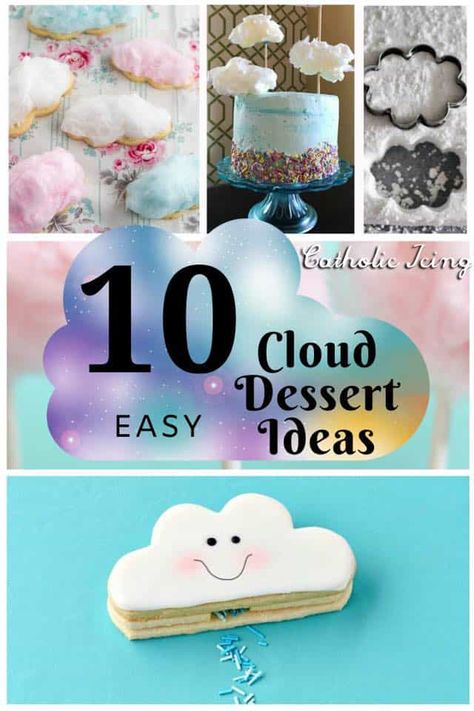 These cloud themed snacks and desserts are easy to make and fun to eat! Marshmallows, cookies, cotton candy and more. Check it out here! #cloud #clouds #heaven #cloudthemed How To Make Clouds On A Cake, Jesus Crafts For Kids, Dessert Ideas For Kids, Cloud Theme Party, Cloud Dessert, Marshmallows Cookies, Recipes Printables, The Ascension Of Jesus, Cotton Candy Cookies