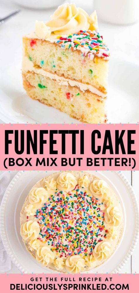 Here's another baking idea! It's also the perfect easy Thanksgiving dessert. With some tips on how to make boxed funfetti cake better, it comes out more delicious. Check out some variations to try with this funfetti box mix recipe! How To Make A Confetti Cake, Birthday Cake With Box Cake, Boxed Cake Decorating Ideas, Homemade Funfetti Cake Recipe, Best Cake Box Mix Recipe, Box Funfetti Cake Mix Hacks, Fancy Funfetti Cake, Confetti Cake Filling Ideas, Make Boxed Cake Taste Homemade