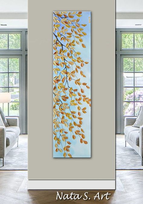 Gold Leaves Painting, Autumn Leaves Painting, Fall Tree Art, Sakura Painting, Autumn Artwork, Leaves Painting, Abstract Portrait Painting, Painting Palette, Acrylic Painting Flowers