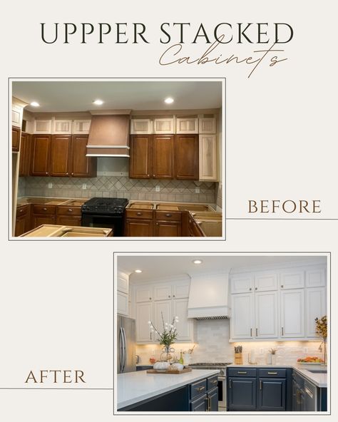 𝙐𝙥𝙥𝙚𝙧 𝙎𝙩𝙖𝙘𝙠𝙚𝙙 𝘾𝙖𝙗𝙞𝙣𝙚𝙩𝙨 - Adding stacked upper cabinets on top of existing cabinets have many advantages: ☞ Provides extra storage space ☞ Draws the eyes up, giving the illusion of a larger space ☞ Cost-effective, adding value to what is already there ☞ Increase home value 🏠️ #upperstackedcabinets #ceilingcabinets #kitchencabinets #designtips #beforeandafter #kitchenbeforeandafter #kitchenremodel #Kitchenreno Added Upper Kitchen Cabinets, Adding Uppers To Kitchen Cabinets, Adding Lower Cabinets To Existing Kitchen, Adding To Top Of Kitchen Cabinets, Upper Cabinet Extension, Two Different Cabinet Styles In Kitchen, Short Upper Kitchen Cabinets, Add Upper Cabinets To Existing, Kitchen Cabinets Ceiling Gap