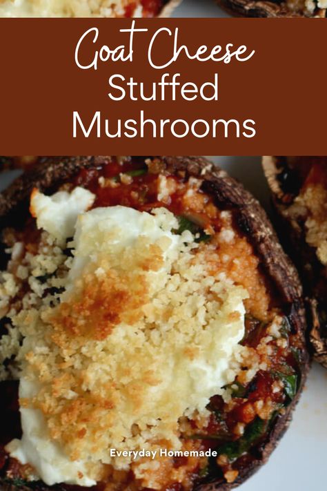 Elevate your holiday dinner with the best Vegetarian Goat Cheese Stuffed Mushrooms. This easy and flavorful recipe combines creamy goat cheese, wholesome spinach, and a hint of tomato sauce, all nestled in hearty portobello caps. Impress your guests with this festive dish, perfect for Christmas celebrations. A delightful addition to your holiday spread, these stuffed mushrooms offer a burst of flavor that's both satisfying and simple to make. Goat Cheese Stuffed Tomatoes, Portobello Cap Recipes, Portabella Mushroom Recipes, Goat Cheese Stuffed Mushrooms, December Food, Portabella Mushrooms Recipes, Spinach Goat Cheese, Stuffed Portobello Mushrooms, Portobello Mushroom Recipes