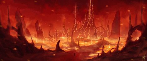 Demon World Background, Fantasy Landscape Fire, Hell Concept Art, Hell Landscape, Aesthetic Graphic Art, Hell Illustration, Demon Realm, Warhammer Orks, Fire Background