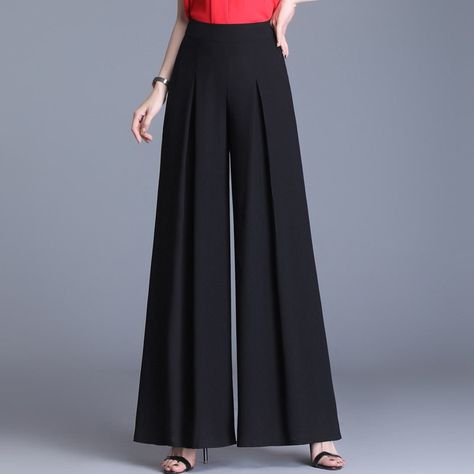 Waist Type: HIGHStyle: CasualSeason: SummerPattern Type: SolidPant Style: Wide Leg PantsMaterial: PolyesterLength: Full LengthGender: WOMENFront Style: PleatedFit Type: LOOSEFabric Type: ChiffonElasticity: Non StrechClosure Type: Zipper FlyAge: Ages 35-45 Years Old Loose Black Pants, Wide Leg Pants Women, Trousers Details, Black Wide Leg Trousers, Womens Wide Leg Pants, 50 Style, Long Trousers, Plus Size Pants, Loose Pants