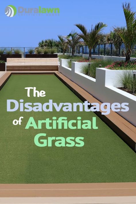 The disadvantages of artificial grass include things like upfront cost, heat retention and fake looking. Learn how you can recoup costs and keep grass cool. #duralawn #disadvantagesofartificialgrass Artificial Grass Terrace Garden, Garden With Fake Lawn, Artificial Grass Garden Ideas Design, Small Patio Fake Grass Ideas, Artificial Grass Vacuum, Fake Grass Ideas Backyard, Fake Grass And Stone Patio, Artificial Turf On Slope, Artificial Grass Carpet Outdoor