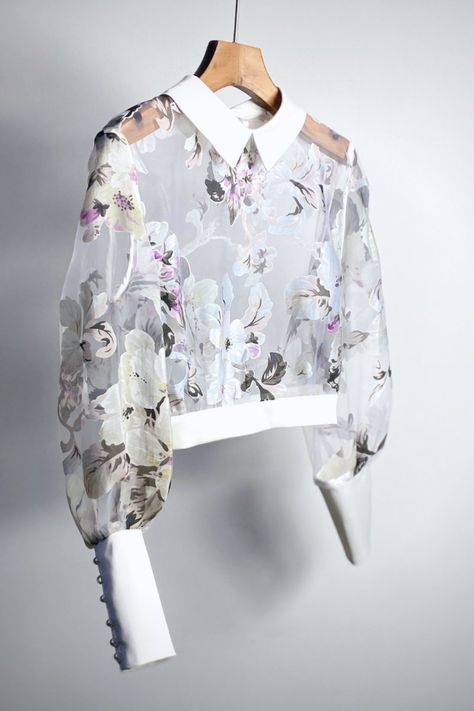 Printed Puff Sleeve Adjustable Waist Organza Blouse-TOPS / DRESSES-[Adult]-[Female]-Floral-S-Blue Zone Planet Organza Blouse Outfit, Organza Blouse Designs, Organza Fashion, Organza Tops, Blouse Organza, Blouse Neckline, Blouse Necklines, Organza Shirt, Organza Blouse