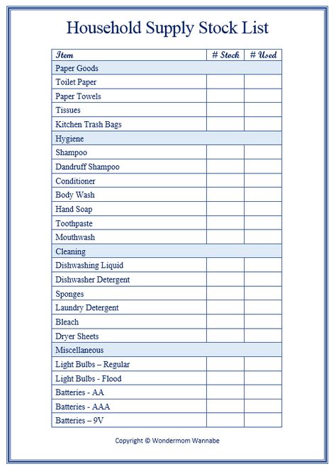 Printable Household Supply List Diy Storage And Organization, Household Inventory List, Household Budgeting, Free Family Printables, Putz Hacks, Parenting Rules, Cleaning Supplies List, Family Printables, Stock List