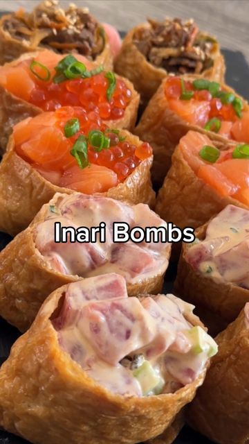 Salmon Bulgogi, Tofu Pockets, Sushi Fillings, Inari Sushi, Japanese Mayo, Cooked Sushi, Sushi Fish, Deep Fried Tofu, Sushi Recipe