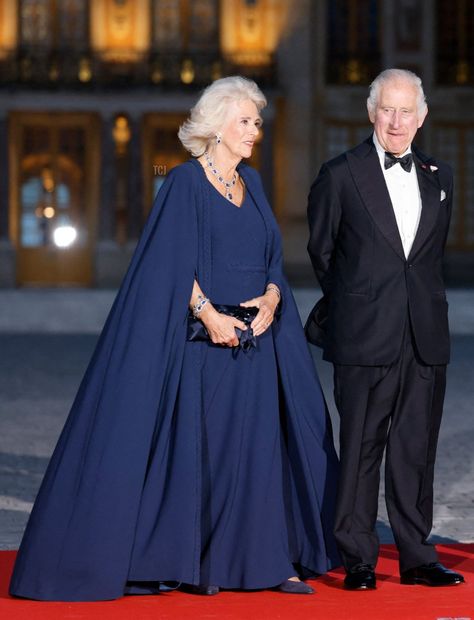 State Dinner, The Palace Of Versailles, Black Tie Attire, Camilla Dress, Royalty Fashion, Reine Elizabeth Ii, Silver Gown, Queen Camilla, Camilla Parker Bowles