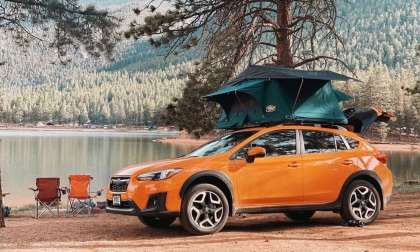 Orange Subaru Crosstrek, Crosstrek Camping, Subaru Offroad, Tepui Tent, Overland Camping, Rooftop Tents, Luxury Toyota, Porsche Supercar, Subcompact Suv