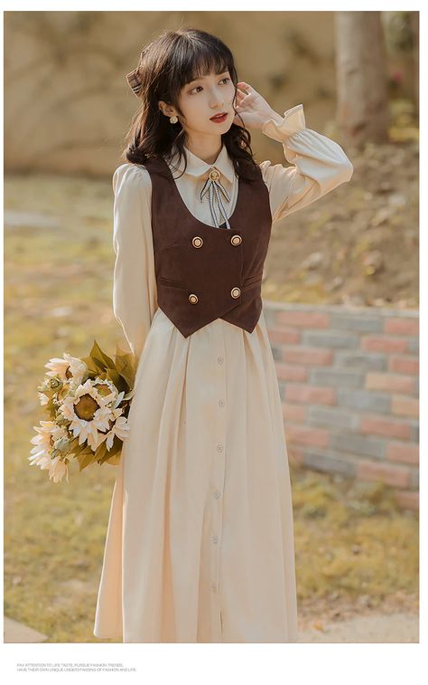 Vintage Hijab, Hijab Vintage, Retro Vest, Cottagecore Dresses, Waistcoat Dress, French Dress, Brown Vest, Collared Dress, Cottagecore Dress