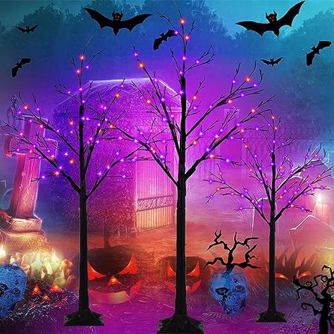 Set of 3 Lighted Black Halloween Tree 4FT 5FT and 6FT, Timer & Memory Function, Long Lasting & Energy Saving & High Efficiency, Flexible Design. Black Halloween Tree, Birch Christmas Tree, Orange Led Lights, Purple Led Lights, Origin Of Halloween, Purple Lights, Table Halloween, Spooky Tree, Spooky Trees