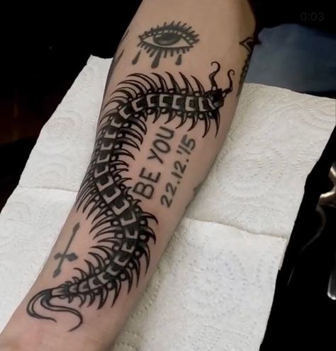 Trad Centipede Tattoo, American Traditional Centipede, Cien Pies Tattoo, Traditional Centipede Tattoo, Tattoos For Arm, Centipede Tattoo, Traditional Tattoo Inspiration, 13 Tattoos, Elbow Tattoos