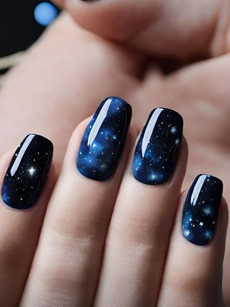 Nail Art Night Sky, Night Nails Design, Night Court Nails Acotar, Night Sky Nail Art, Nail Designs Moon, Velaris Nails, Navy And Silver Nails Design, Acotar Nail Art, Dark Blue And Black Nails