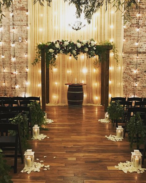 Lantern aisle with wooden altar and wine barrel unity Ceremony Decorations Aisle, Decor With Lanterns, Wine Barrel Wedding, Barrel Wedding, Aisle Decorations, Wedding Isles, Wedding Ceremony Ideas, Indoor Wedding Ceremonies, Church Wedding Decorations