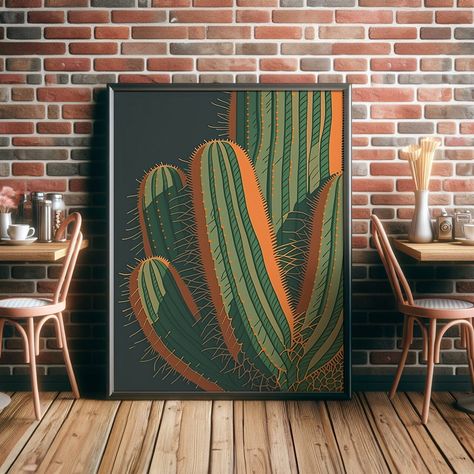 Digital art piece capturing the serene yet resilient nature of cacti, showcasing a blend of earthy tones and intricate details that breathe life into these iconic desert dwellers. The dark backdrop accentuates the vibrant greens and oranges, making each cactus stand out as a testament to beauty thriving in adversity. ALL OUR PRINTABLE DESIGNS ARE MADE AT 300DPI RESOLUTION WITH THE EXACT PIXEL DIMENSIONS ENSURING THE FINEST QUALITY PRINT YOU WILL RECEIVE A PDF LINK THAT WILL DIRECT YOU TO A FOLDE Green And Orange Art, Cactus Mural, Cacti Art, Cactus Prints, Cactus Paintings, Cactus Wall Art, Cactus Art, Orange Art, Cactus Print