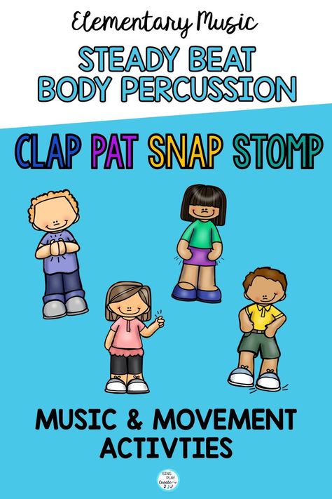 Teaching elementary music? Here are some ideas for using elementary body percussion activities to help your students feel the beat. Preschool Dance Activities Music And Movement, Preschool Music Lessons, Music Games For Kids, Kodaly Songs, Elementary Choir, Preschool Music Activities, Music Education Activities, Choir Songs, Music Education Games