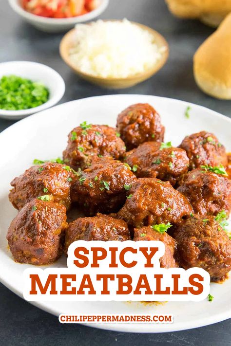 Spicy Pork Meatballs, Spicy Meatball Sauce, Spicy Meatball Recipes, Slow Cooker Beef Tenderloin, Spicy Meatballs Recipe, Meatballs Sauce Recipe, Football Apps, Meatball Appetizer Recipe, Chili Pepper Recipes