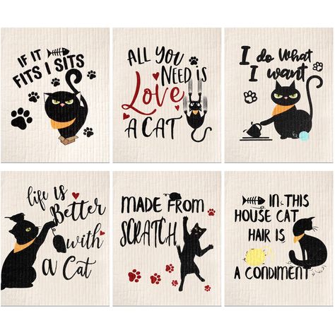 PRICES MAY VARY. Cute and Funny Black Cat Pattern Designs: you will receive 6 different types of funny kitchen towels in black cat patterns, with a lovely appearance and beautiful color matching, which can bring warmth and vividness when you clean, allowing you to clean and decorate your kitchen and with these cute and bright elements Reliable and Absorbent Material: these dish towels for kitchen are made of wood pulp sponge material, reliable and safe, absorbent and quick drying, with a clear p Sewing Blankets, Reusable Sponge, Cat Quilts, Swedish Kitchen, Cat Towel, Funny Towels, Cat Patterns, Funny Black Cat, Swedish Dishes