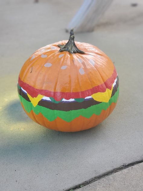 Hamburger Pumpkin Painting, Food Pumpkins Painting, Cardboard Pumpkin Painting, Cheeseburger Pumpkin Painting, Burger Pumpkin Painting, Pumpkins Painted Like Food, Food Painted Pumpkins, Kid Painted Pumpkins Ideas, Hamburger Pumpkin Decorating