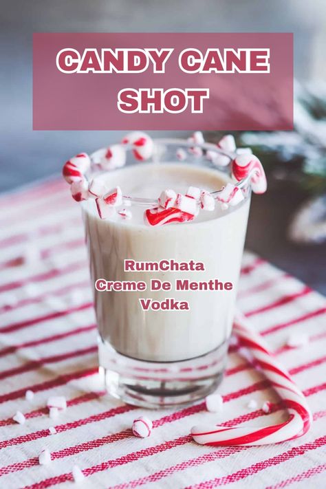 A festive Candy Cane Shot with a candy cane garnish and a red swirl. Candy Cane Shots Recipe, Christmas Party Shots Holiday Drinks, Peppermint Shots Recipe, Candy Cane Jello Shots, Candy Cane Shots, Holiday Shots Christmas, Peppermint Pudding Shots, Holiday Shots Alcohol, Grinch Shots