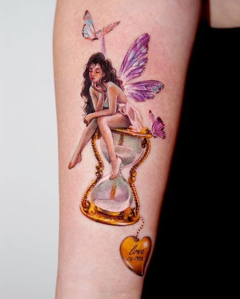 Back Tattoo Women Color, Color Fairy Tattoo, Top Back Tattoo For Women, Forest Fairy Tattoo, Inspirational Wrist Tattoos, Mystical Tattoos, Fairy Tattoo Designs, Black Girls With Tattoos, Sweet Tattoos