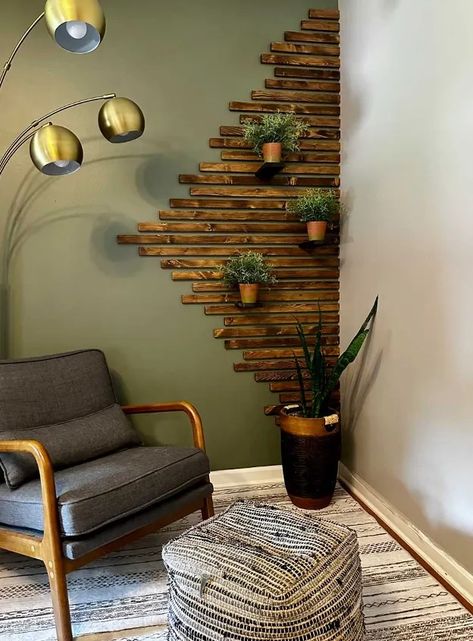 Wood Slat Wall for $25 | Hometalk Corner Slat Wall, Diy Slat Wall, Green Painted Walls, Chop Saw, Wall Feature, Wood Slat Wall, Pine Boards, Wood Accent Wall, Chopping Block