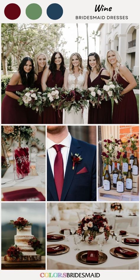 Burgundy Bridesmaid Dresses Color Schemes, Bridesmaid Dresses Wine Color, Navy And Wine Wedding Colors, Red Wine Wedding Theme, Red Wine Bridesmaid Dresses, Wine And Navy Wedding, Wine Color Wedding Theme, Wine Wedding Theme, Wine Wedding Colors