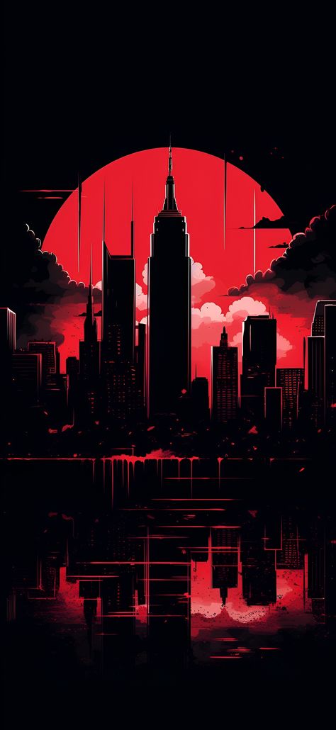 Vibrant red aesthetic image of the New York City skyline. City On Fire Background, Crimson Red Wallpaper Aesthetic, Dark City Skyline, New York Red Aesthetic, Red City Aesthetic Wallpaper, Fiery Wallpaper, Red City Wallpaper, Red City Background, Red Lock Screen Wallpaper