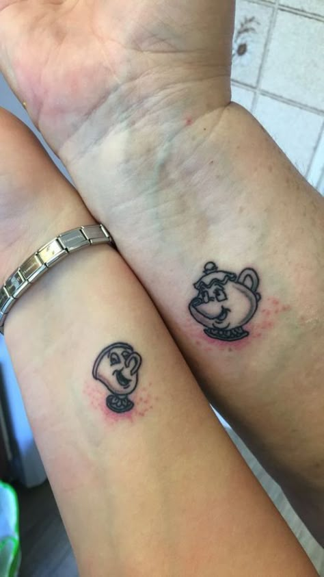 Matching Mother And Daughter Tattoos, Mum And Daughter Tattoo, Mother And Daughter Tattoos, Mommy Daughter Tattoos, Father Son Tattoo, Mrs Potts And Chip, Family First Tattoo, Son Tattoos, Finger Tattoos For Couples