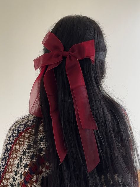 cherry red Red Hair Ribbon Aesthetic, Cherry Red Shoes, Cherry Aesthetics, Shoet Hair, Matilda Jr, Red Hair Ribbon, Cherry Red Hair, Red And Black Outfits, Red Hair Bow