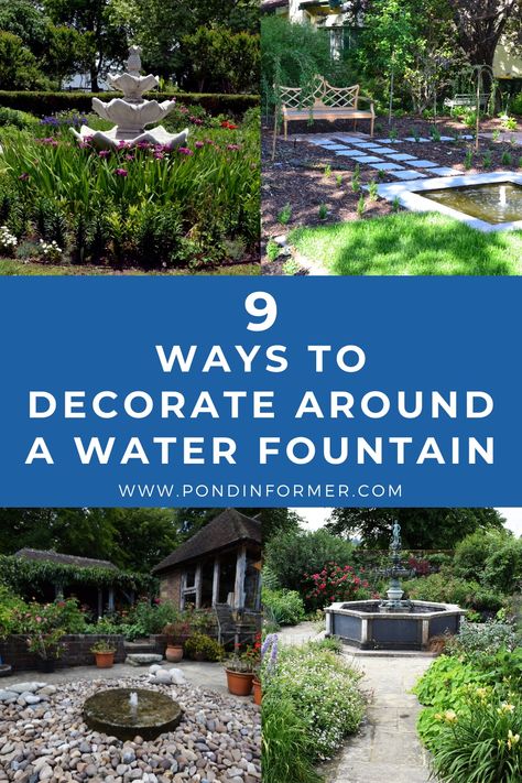 Landscape Fountain Ideas Front Yards, Flower Bed With Water Fountain Garden Ideas, Landscaping Around Water Fountain, Fountain Garden Landscaping, Water Fountain Flower Bed, Flower Bed With Water Feature, Front Yard With Fountain Ideas, Fountain On Patio, Fountain On Deck