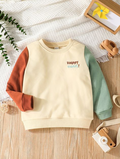 Multicolor Casual Collar Long Sleeve Fabric Colorblock,Letter Pullovers Embellished Slight Stretch  Toddler Boys Clothing Toddler Boys Sweatshirt, Toddler Boy Clothes, Shein Kids, Baby Boy Dress, Kids Dress Wear, Embroidery Sweatshirt, Boys Sweatshirts, Letter Embroidery, Toddler Boy Outfits