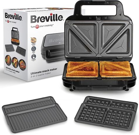 Breville 3-in-1 Ultimate Snack Maker | Deep Fill Toastie Maker, Waffle Maker & Panini Press | Removable Non-Stick Plates | Black & Stainless Steel [VST098] | UK Plug Panini Maker, Grill Sandwich, Plates Black, Fluffy Waffles, Panini Press, Waffle Sandwich, Clean Plates, Cord Storage, Cafe Style