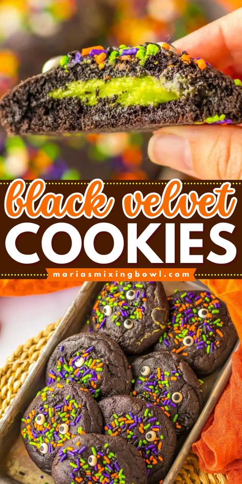 Looking for Halloween party ideas? Here's the perfect Halloween cookie! It's a simple Halloween dessert. With a rich chocolate flavor, sweet cheesecake filling, and colorful sprinkles, this black velvet cookie recipe is a fun Halloween treat to make! Spooky Cookies, Cookies Stuffed, Baking Recipes For Kids, Velvet Cookies, Halloween Sprinkles, Dark Chocolate Cookies, Snack Platter, Easy Recipes For Beginners, Baking Cocoa