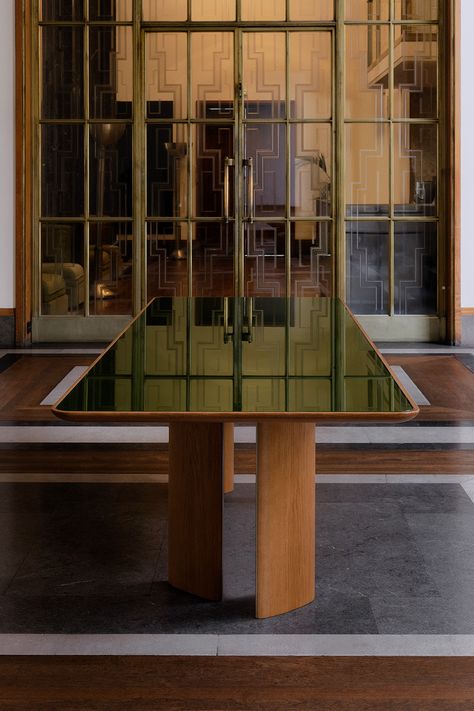 Made from Honey Oak, Green Lacquered glass, and stainless steel edges. Lacquered Glass, Surf Coffee, Steel Dining Table, Joinery Details, London Interior, Honey Oak, Modern Cottage, Dining Table Legs, Glass Dining Table