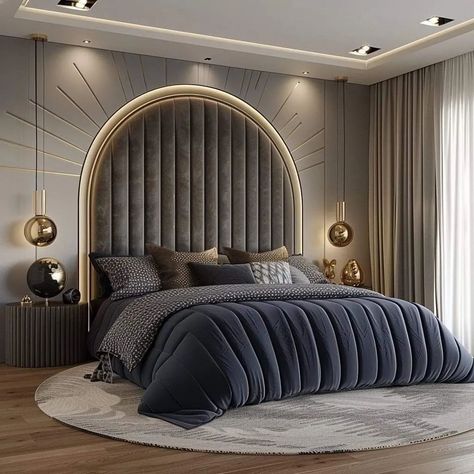 Bedroom Design ✨️| Interior design ✨️👌 . . . . #trendingpost #luxurybedroomdesign #smartlighting #bedroominteriors #trendinginterior #mainbedroom #luxuryinteriordesign #bedroomdecor #lightingdesign #bedroomdesign #sethiglassplywood #beforeandafter #explorepage #interiordesign #fypシ゚viralシ #dreaminteriors #bedroominterior #janhvikapoor #srhvslsg #cleaninghacks #smoothiechallenge Circular Headboard, Blue And Gray Bedroom, Fall Bedroom Decor Cozy, Arch Headboard, 2024 Bedroom, Fall Bedroom Decor, Halloween Bedroom, Luxe Bedroom, House Interior Design Styles