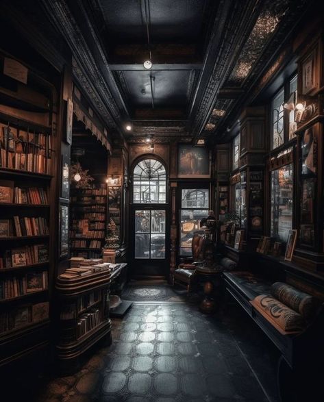 Fantasy Office Aesthetic, Gothic Bookstore Aesthetic, Gothic Bookstore, Dark Acedamia House, Dark Home Library, Gothic Library Aesthetic, Dark Library Room, Library Room Aesthetic, Dark Library Aesthetic