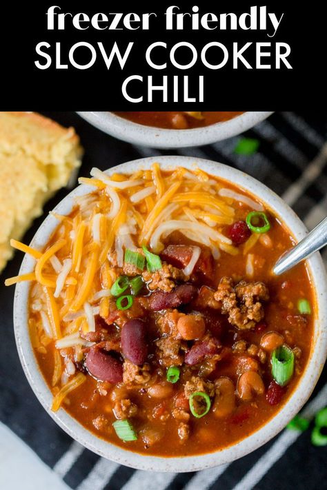 Slow Cooker Beef Chili is a classic chili recipe with one special ingredient that makes it THE BEST chili recipe I’ve ever made! This chili recipe can be made right away in the slow cooker, or it can be made into a freezer meal for an easy weeknight dinner any time! Beef And Veggie Chili, Crockpot Chili With Vegetables, Chili Freezer Meal, Vegetable Chili Recipe, Easy Beef Chili Recipe, Beef Chili Crockpot, Slow Cooker Chili Beef, Classic Chili Recipe, Crock Pot Vegetables