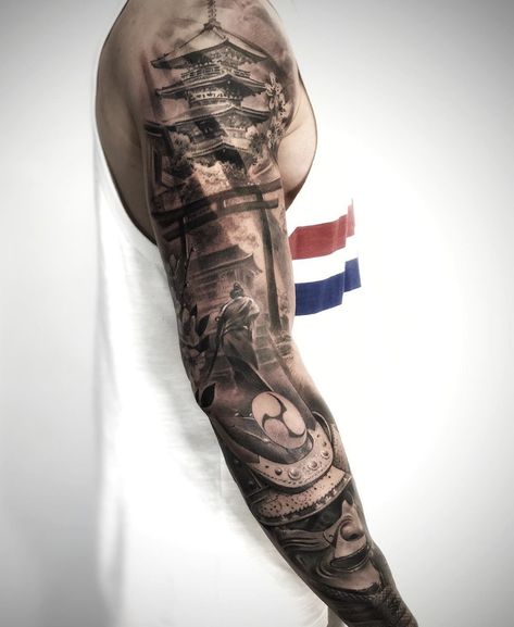 Japanese Temple Tattoo, Samurai Tattoo Sleeve, Temple Tattoo, Samurai Tattoo Design, Full Sleeve Tattoo Design, Men Tattoos Arm Sleeve, Japanese Temple, Tatuaje A Color, Japanese Sleeve Tattoos