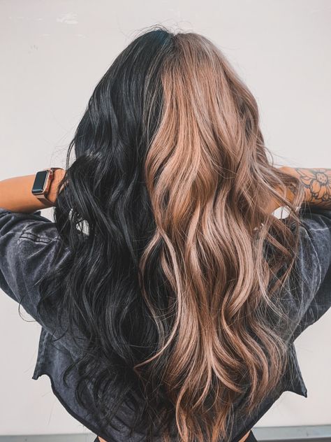 Split Brown And Black Hair, Hair Color 2023 Money Piece, Black With Blonde Peekaboo Highlights, Panel Dyed Hair, Color Block Hair Natural Colors, Edgy Strawberry Blonde Hair, Dark Brown Light Brown Split Dye, Black And Colored Hair Ideas, Split Dye Balayage