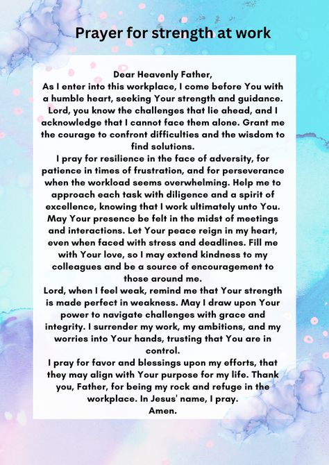 "Discover a powerful Christian prayer for strength at work. In the hustle of the workplace, seek divine guidance, resilience, and patience. Let this prayer be your source of inspiration as you face challenges with grace. 🙏✨ #ChristianPrayer #WorkplaceStrength #DivineGuidance" #ChristianPrayer #WorkplaceStrength #PrayerForGuidance #FaithAtWork #ResiliencePrayer #CourageousLiving #DivineIntervention #SpiritualEmpowerment #WorkplaceInspiration #ChristianLife #FaithJourney #EncouragementPrayer Prayers For Leadership, Prayers For Toxic Workplace, Prayers For Work Challenges, Prayers For Workplace, Prayer For Work Success, Workplace Prayer, Prayer For Patience, Employment Prayer, Prayer Before Work