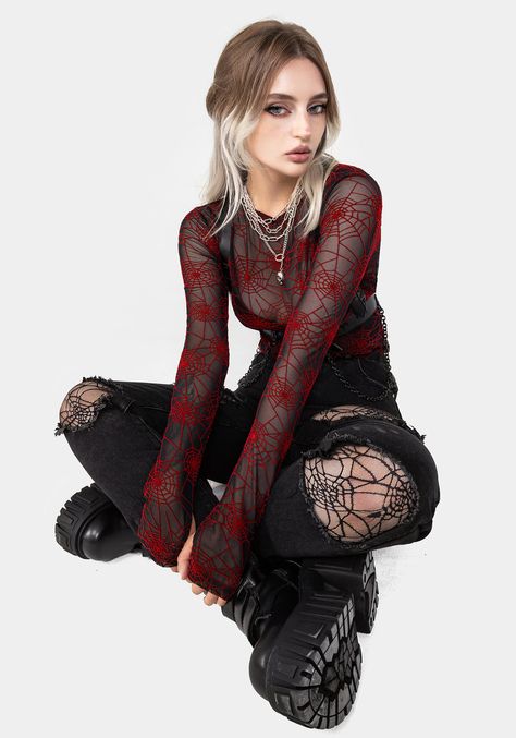 Mesh Overlay Top, Goth Mesh Top, Black Mesh Long Sleeve Top Outfit, Black Mesh Shirt Outfit, Sheer Mesh Top Outfit, Mesh Long Sleeve Top Outfit, Style Mesh Top, Red Sheer Top, Sheer Top Outfit