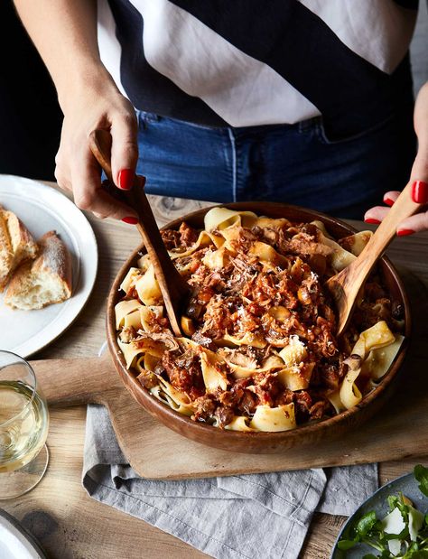 Duck fat adds a real richness and depth to this slow-cooked ragu, sweetened with a splash of Marsala wine and earthy chestnuts. A perfect low-maintenance dinner party dish; serve with a wild rocket salad scattered with toasted pine nuts Lamb Bolognese, Calabrian Chili Paste, Dried Pasta, Dinner Party Dishes, Ragu Recipe, Pappardelle Pasta, Light Sauce, Parmesan Rind, Sunday Sauce